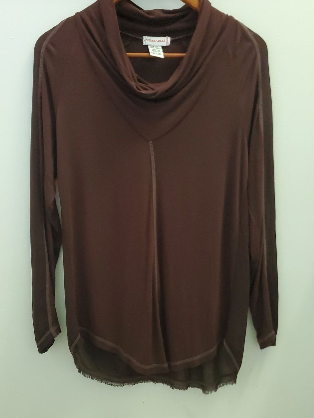 Wearables By XCVI Drapey Cowl Neck Long Sleeve Top Mixed Media Size Small Frayed